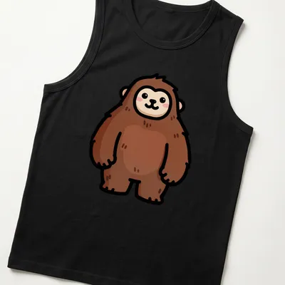 Kawaii style illustration of a cute brown yeti sasquatch monster with big eyes. — printed on a tank top