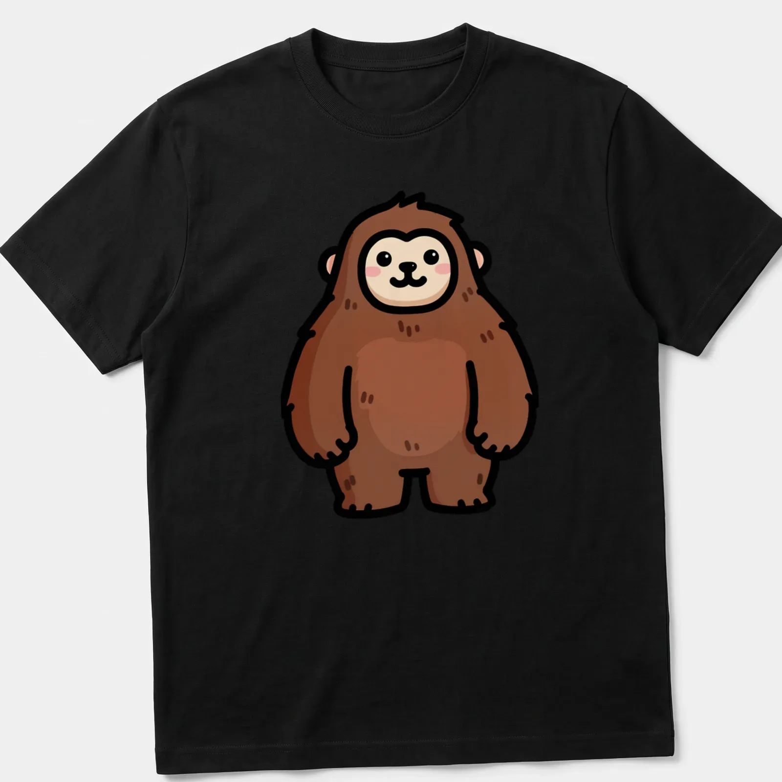 Kawaii style illustration of a cute brown yeti sasquatch monster with big eyes. — printed on a unisex t-shirt