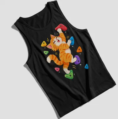 Kawaii illustration of an orange tabby kitten rock climbing in vibrant colors — printed on a tank top