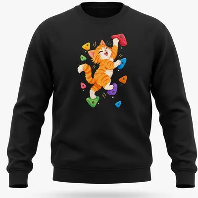 Kawaii illustration of an orange tabby kitten rock climbing in vibrant colors — printed on a unisex sweatshirt