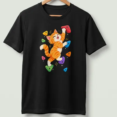Kawaii illustration of an orange tabby kitten rock climbing in vibrant colors