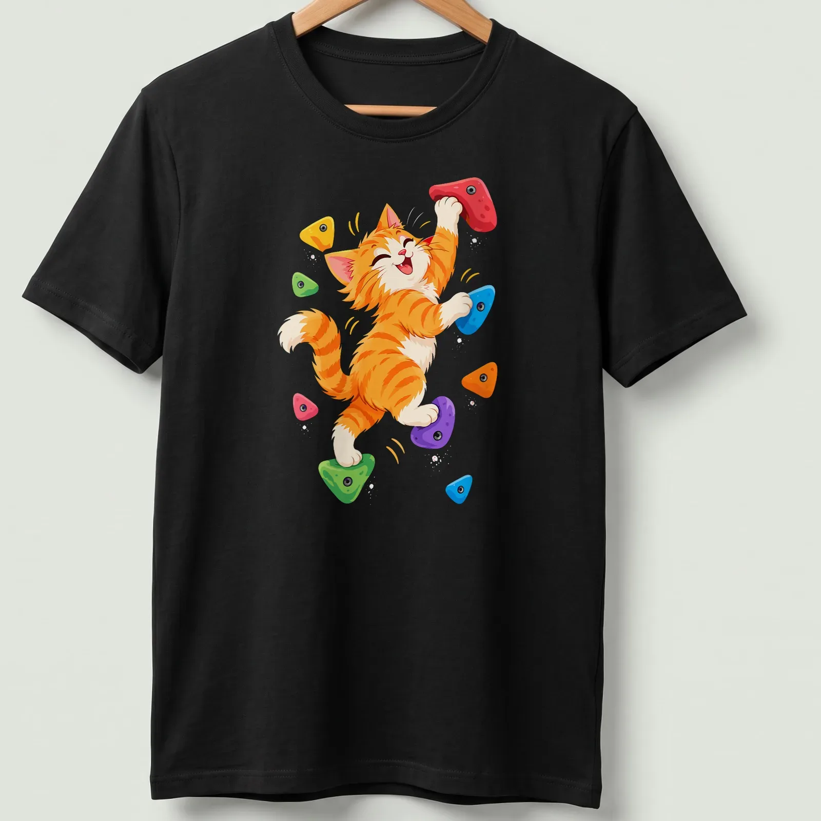Kawaii illustration of an orange tabby kitten rock climbing in vibrant colors — printed on a unisex t-shirt
