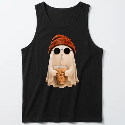 Cute kawaii ghost with iced coffee and orange beanie illustration — printed on a tank top