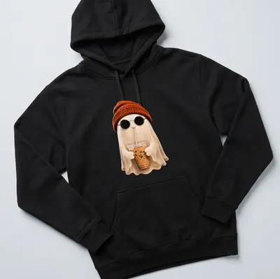 Cute kawaii ghost with iced coffee and orange beanie illustration — printed on a unisex hoodie