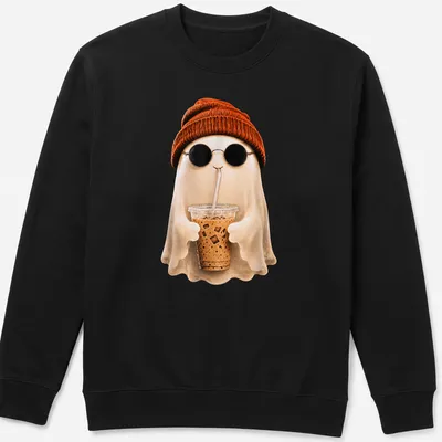 Cute kawaii ghost with iced coffee and orange beanie illustration — printed on a unisex sweatshirt