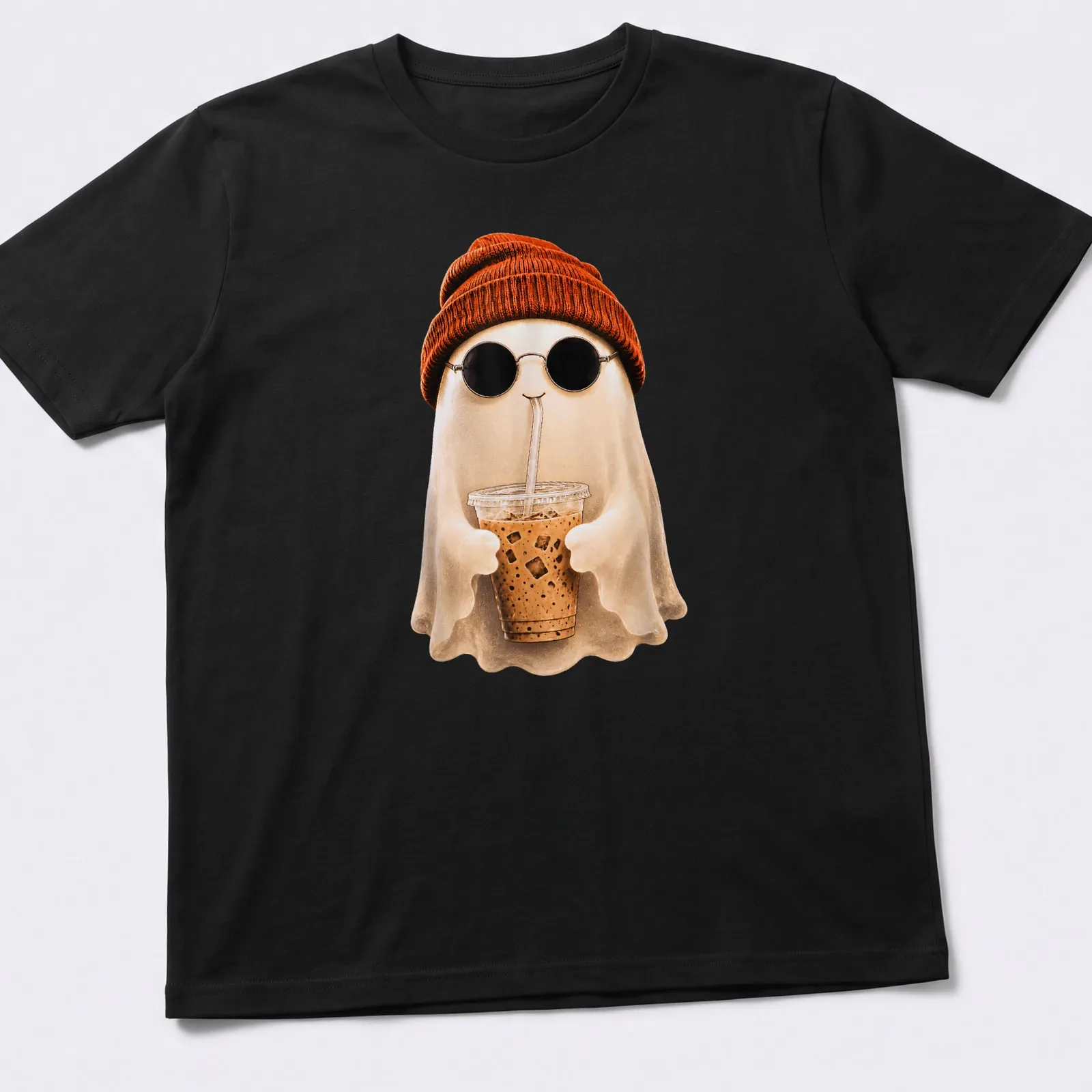 Cute kawaii ghost with iced coffee and orange beanie illustration — printed on a unisex t-shirt