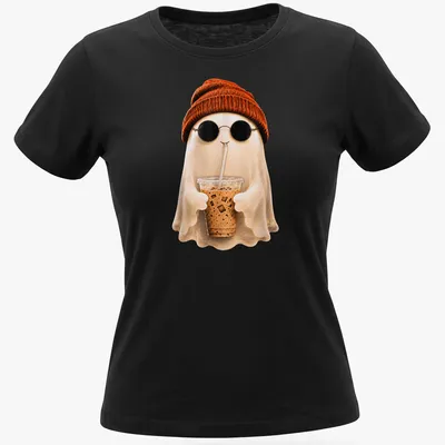 Cute kawaii ghost with iced coffee and orange beanie illustration — printed on a women's shirt