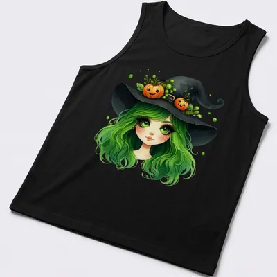 Kawaii style shirt featuring a witch girl with green hair and a pumpkin hat — printed on a tank top