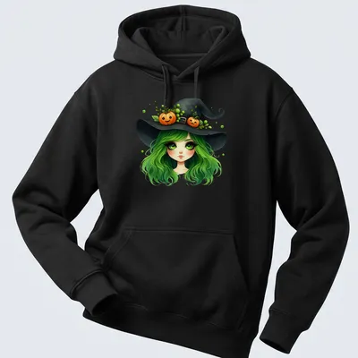 Kawaii style shirt featuring a witch girl with green hair and a pumpkin hat — printed on a unisex hoodie