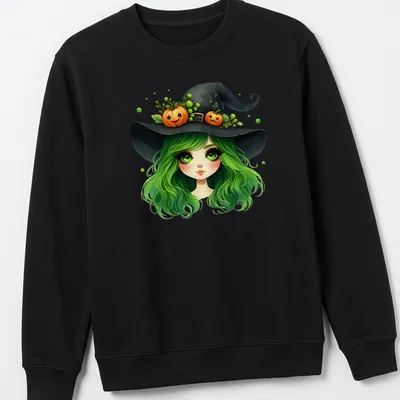 Kawaii style shirt featuring a witch girl with green hair and a pumpkin hat — printed on a unisex sweatshirt