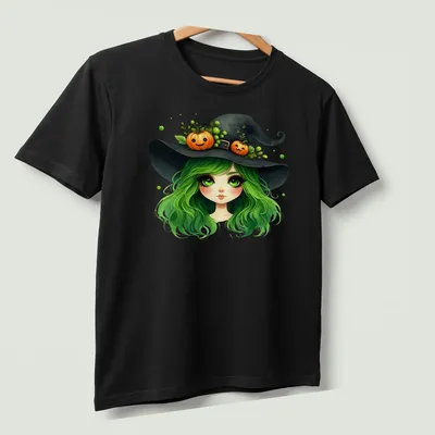 Kawaii style shirt featuring a witch girl with green hair and a pumpkin hat — printed on a unisex t-shirt (angled view)