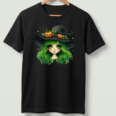 Kawaii style shirt featuring a witch girl with green hair and a pumpkin hat