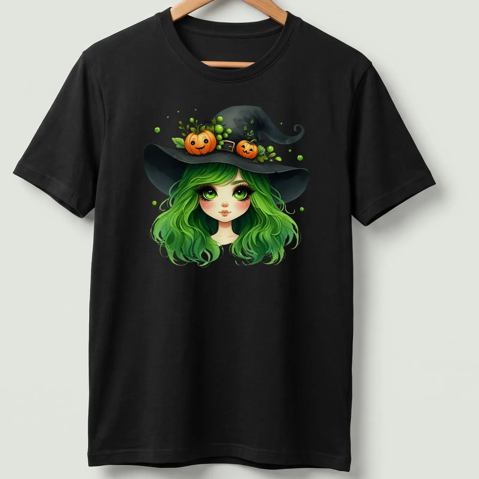 Kawaii style shirt featuring a witch girl with green hair and a pumpkin hat — printed on a unisex t-shirt