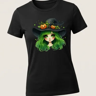 Kawaii style shirt featuring a witch girl with green hair and a pumpkin hat — printed on a women's shirt