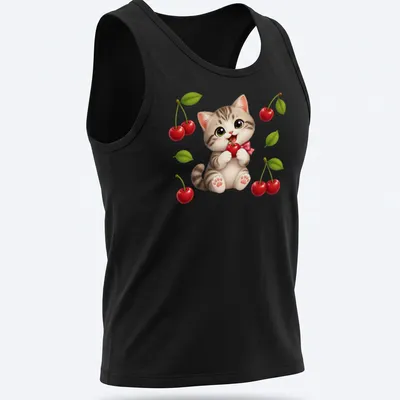 Kawaii kitten eating a red cherry, with playful text in a cute font. — printed on a tank top