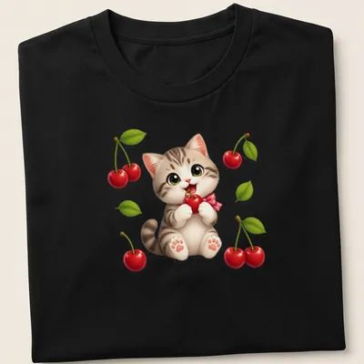 Kawaii kitten eating a red cherry, with playful text in a cute font.