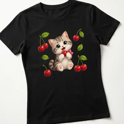 Kawaii kitten eating a red cherry, with playful text in a cute font. — printed on a women's shirt
