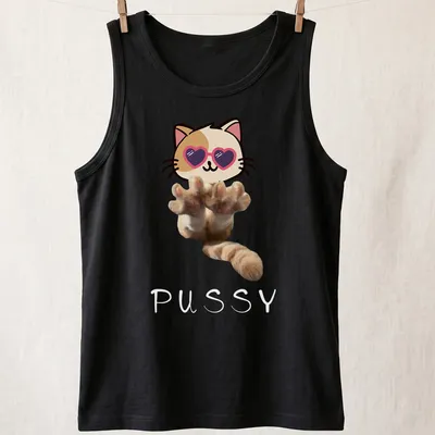 Kawaii style t-shirt featuring a cute kitten in sunglasses with cartoon paws — printed on a tank top