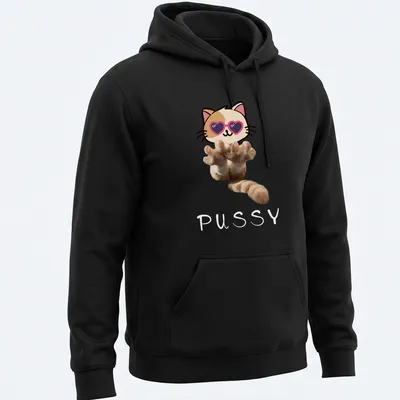 Kawaii style t-shirt featuring a cute kitten in sunglasses with cartoon paws — printed on a unisex hoodie