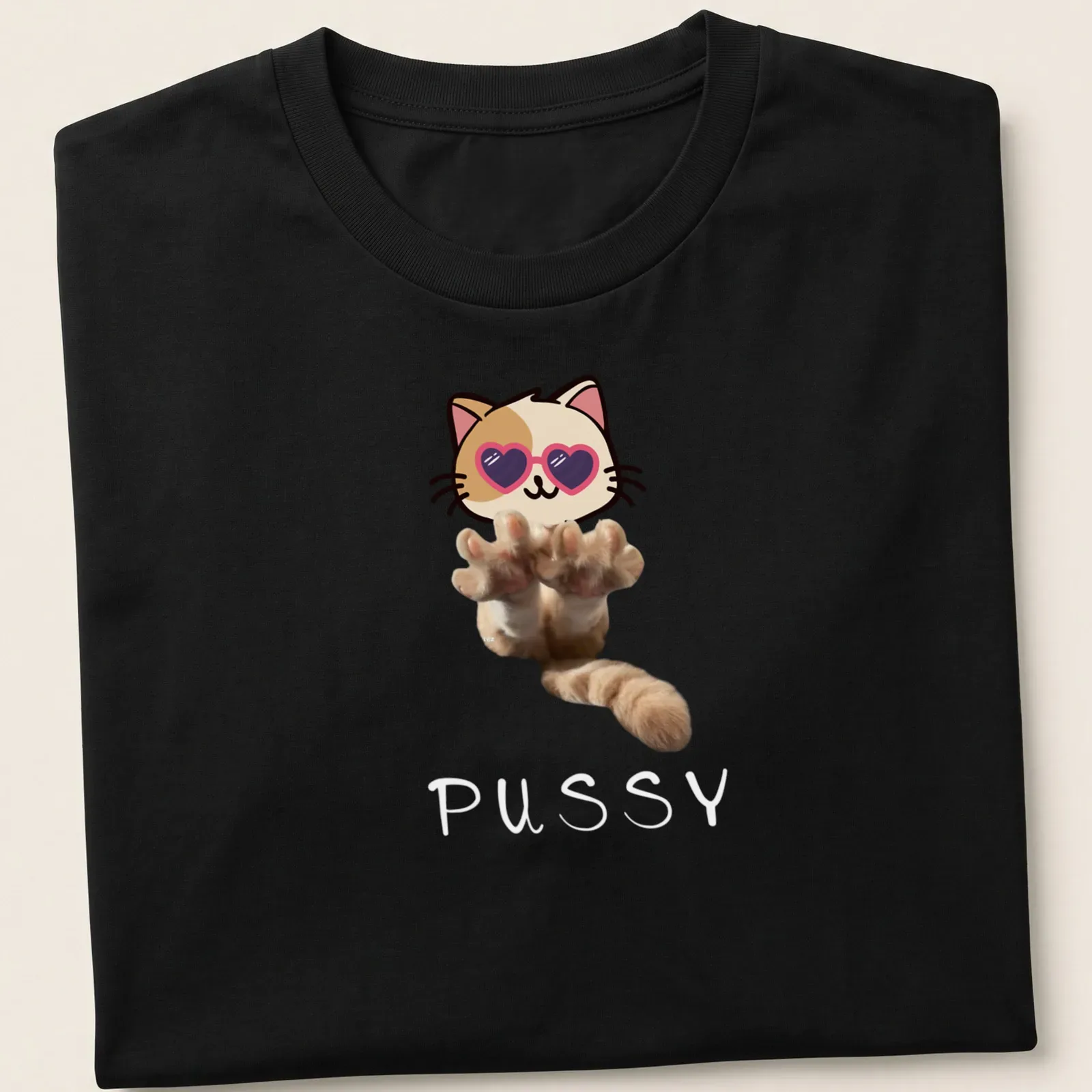 Kawaii style t-shirt featuring a cute kitten in sunglasses with cartoon paws — printed on a unisex t-shirt