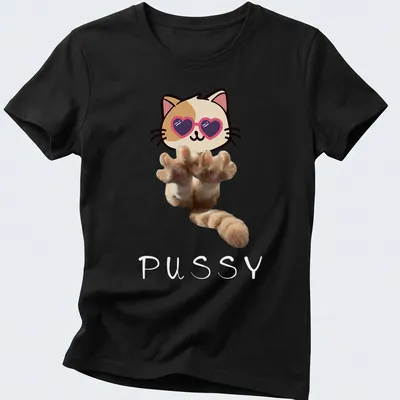 Kawaii style t-shirt featuring a cute kitten in sunglasses with cartoon paws — printed on a women's shirt