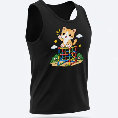 Kawaii graphic of a cute orange tabby cat on a colorful jungle gym — printed on a tank top