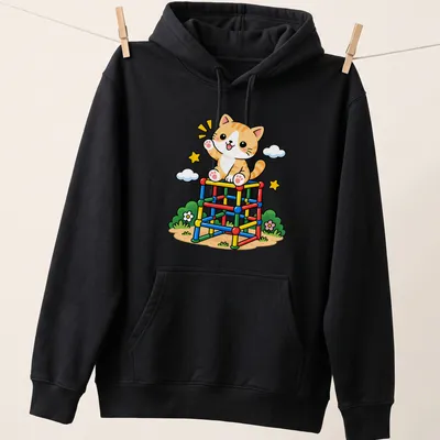 Kawaii graphic of a cute orange tabby cat on a colorful jungle gym — printed on a unisex hoodie