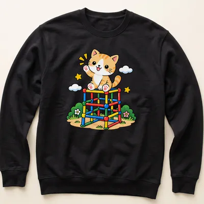 Kawaii graphic of a cute orange tabby cat on a colorful jungle gym — printed on a unisex sweatshirt