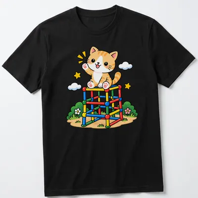 Kawaii graphic of a cute orange tabby cat on a colorful jungle gym