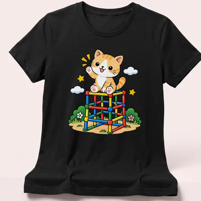 Kawaii graphic of a cute orange tabby cat on a colorful jungle gym — printed on a women's shirt