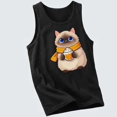 Kawaii Ragdoll cat holding a pumpkin spice latte in warm colors — printed on a tank top