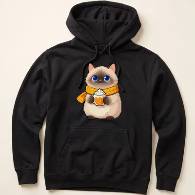 Kawaii Ragdoll cat holding a pumpkin spice latte in warm colors — printed on a unisex hoodie