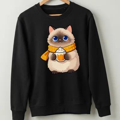 Kawaii Ragdoll cat holding a pumpkin spice latte in warm colors — printed on a unisex sweatshirt