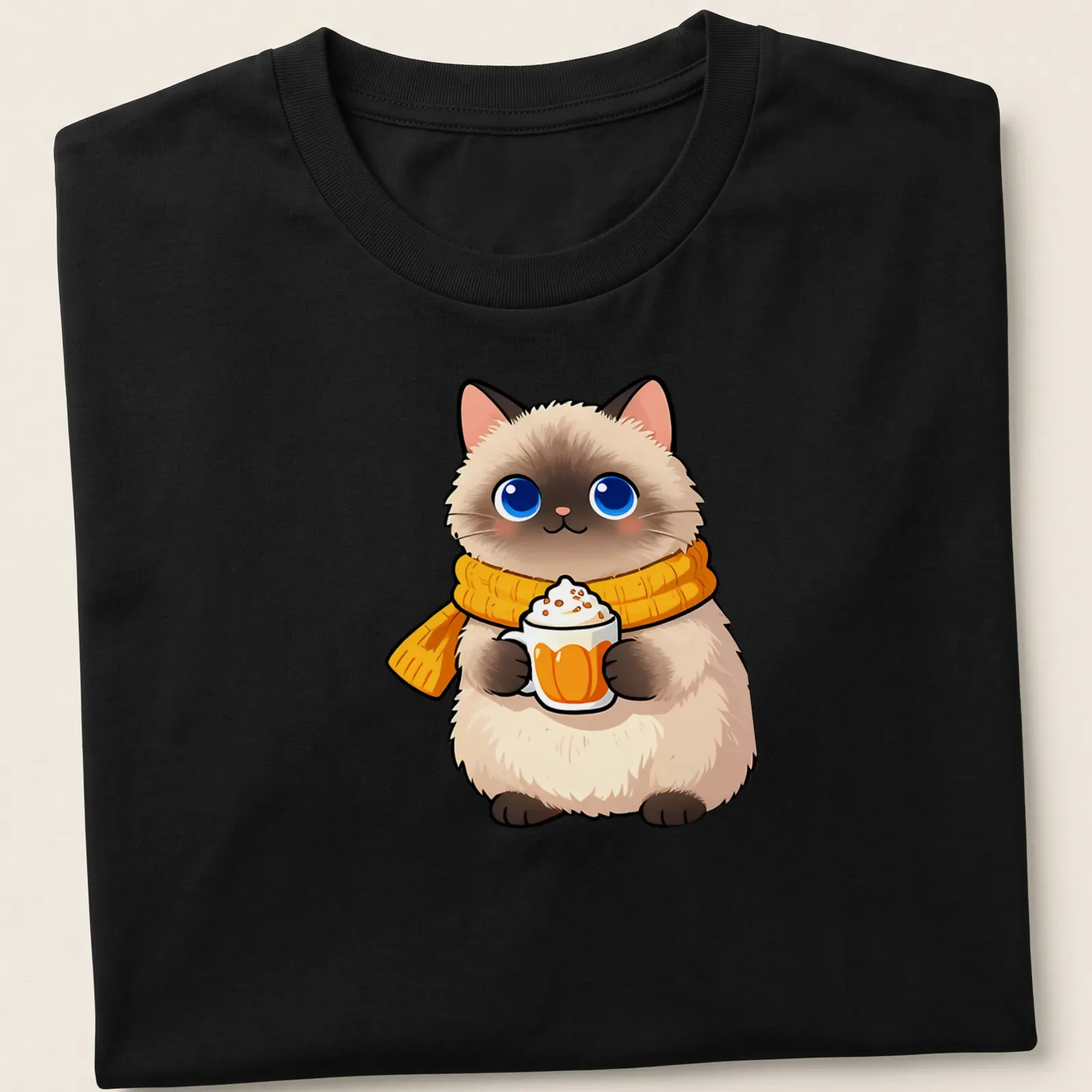 Kawaii Ragdoll cat holding a pumpkin spice latte in warm colors — printed on a unisex t-shirt