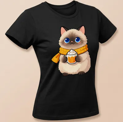 Kawaii Ragdoll cat holding a pumpkin spice latte in warm colors — printed on a women's shirt