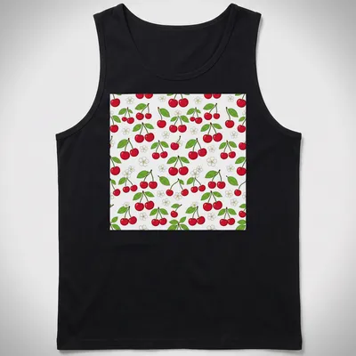 Illustration of red cherries on a botanical pattern in green and white — printed on a tank top