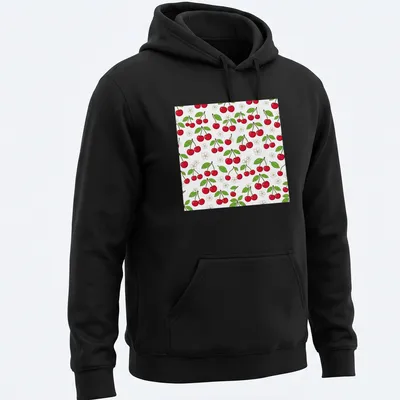 Illustration of red cherries on a botanical pattern in green and white — printed on a unisex hoodie