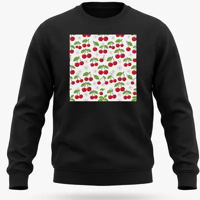 Illustration of red cherries on a botanical pattern in green and white — printed on a unisex sweatshirt