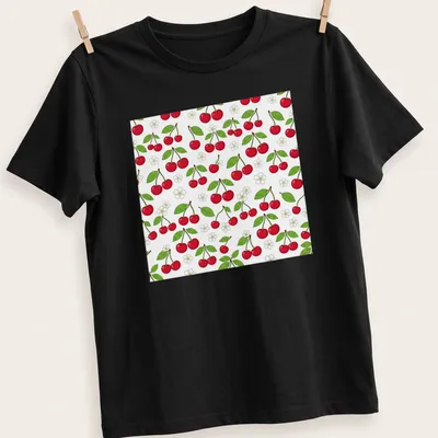 Illustration of red cherries on a botanical pattern in green and white — printed on a unisex t-shirt