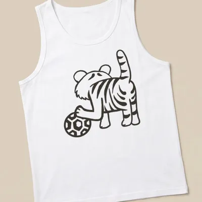 Kawaii line-art of a cute tiger playing with a ball in black and white — printed on a tank top