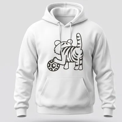 Kawaii line-art of a cute tiger playing with a ball in black and white — printed on a unisex hoodie