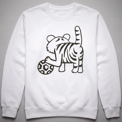 Kawaii line-art of a cute tiger playing with a ball in black and white — printed on a unisex sweatshirt