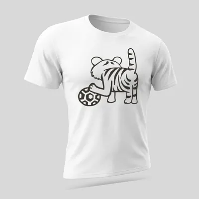Kawaii line-art of a cute tiger playing with a ball in black and white — printed on a unisex t-shirt (angled view)