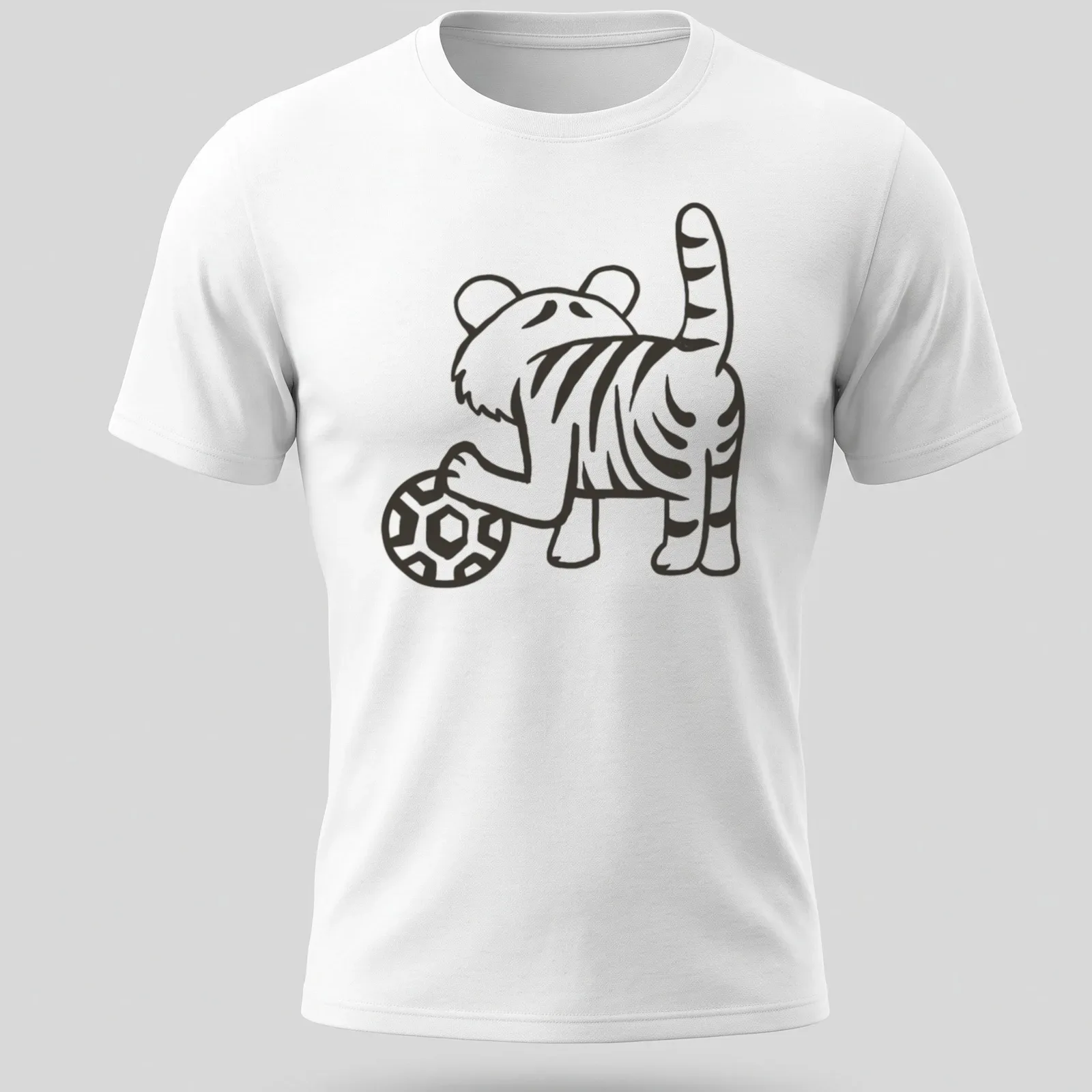 Kawaii line-art of a cute tiger playing with a ball in black and white — printed on a unisex t-shirt