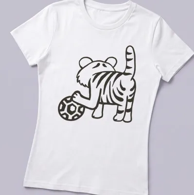 Kawaii line-art of a cute tiger playing with a ball in black and white — printed on a women's shirt