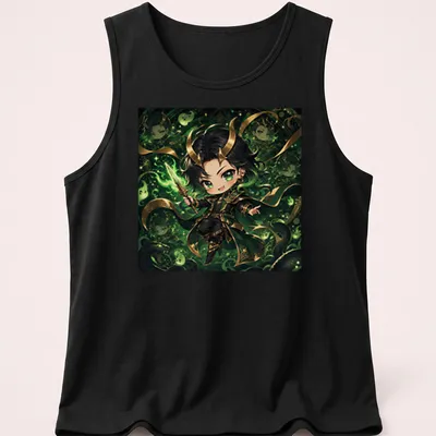 Kawaii chibi Loki character with the text Cutie Loki in green, black, and gold — printed on a tank top