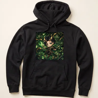 Kawaii chibi Loki character with the text Cutie Loki in green, black, and gold — printed on a unisex hoodie