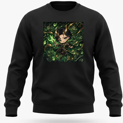 Kawaii chibi Loki character with the text Cutie Loki in green, black, and gold — printed on a unisex sweatshirt