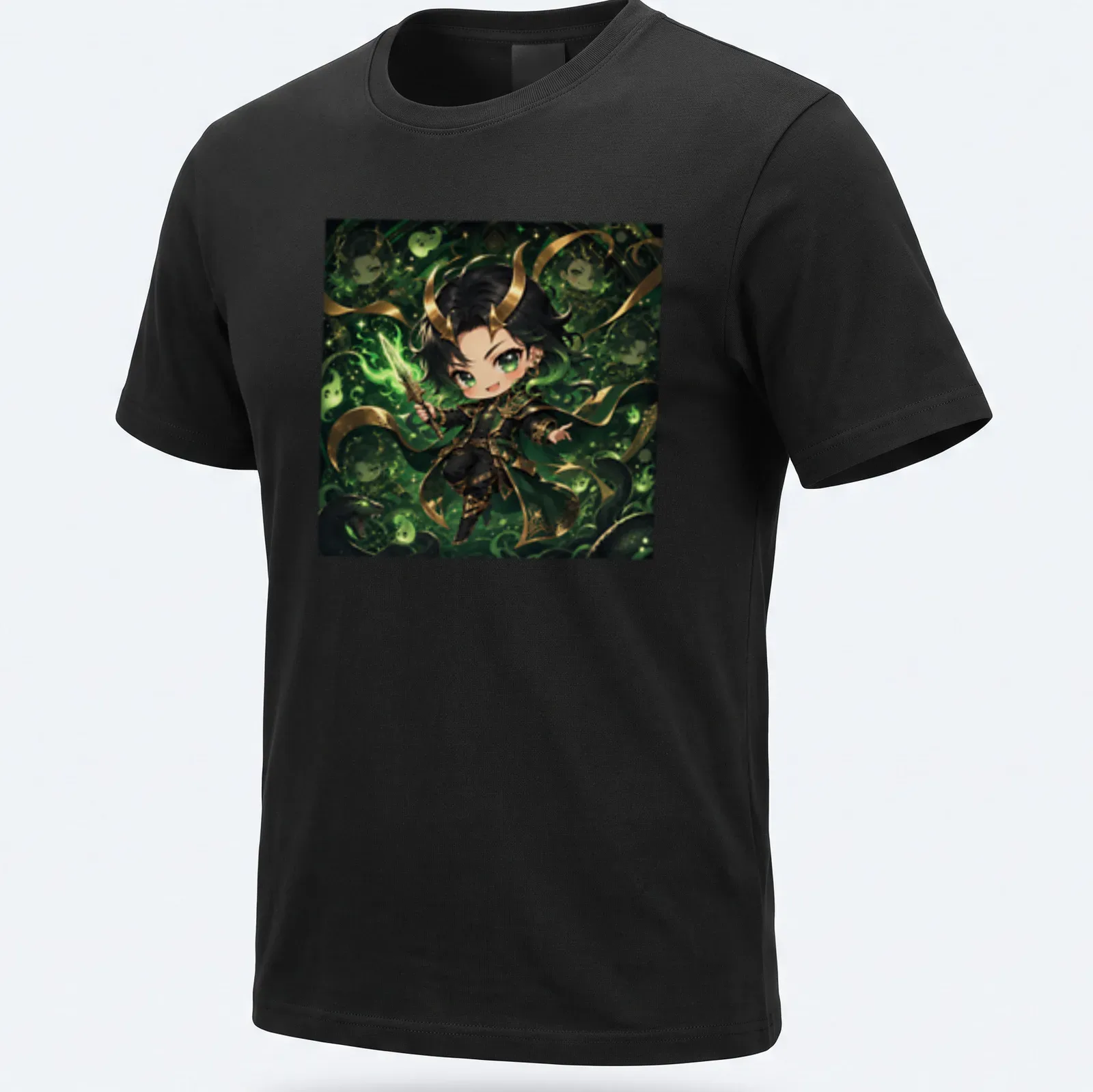 Kawaii chibi Loki character with the text Cutie Loki in green, black, and gold — printed on a unisex t-shirt