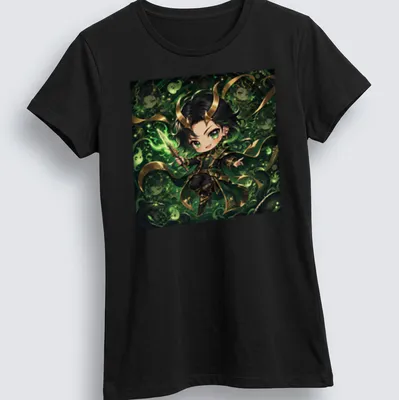 Kawaii chibi Loki character with the text Cutie Loki in green, black, and gold — printed on a women's shirt
